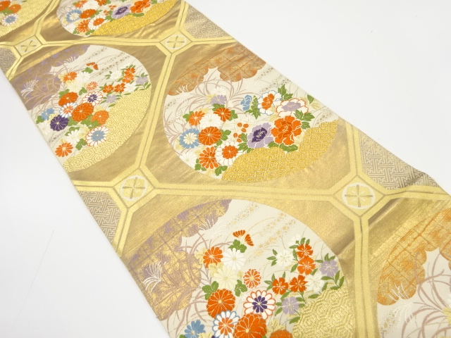 アンティーク　蜀江に牡丹・菊・秋草模様織り出し袋帯（材料）